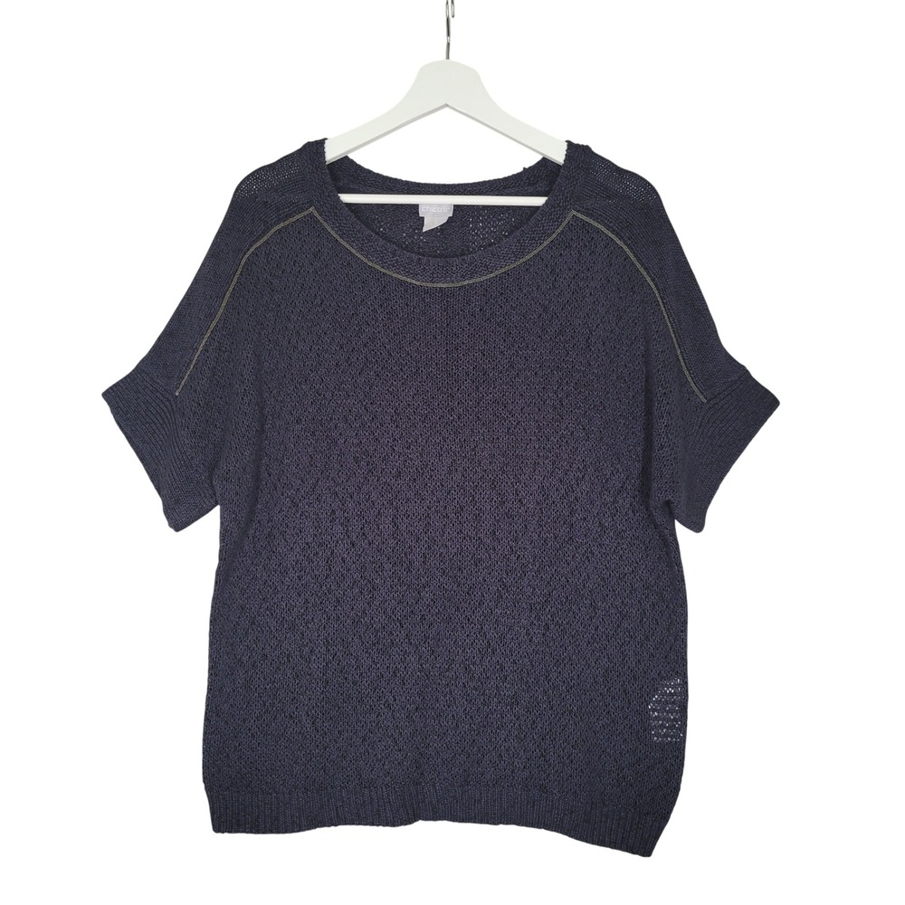 Chico's Short Sleeve Sweater Large Navy Blue Open Knit Metallic Trim Boxy Top